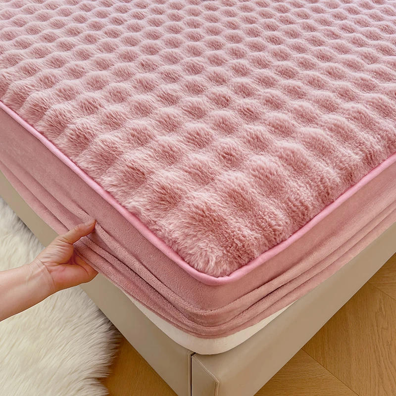 WOSTAR Soft warm rabbit plush fitted sheet elastic mattress protector cover fluffy coral fleece 150cm winter bedsheet king size