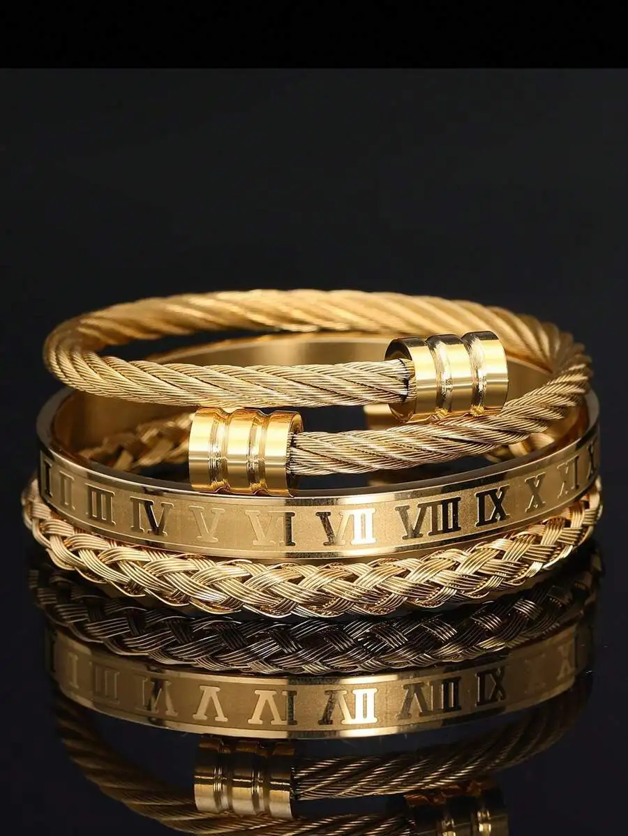 

3-Piece Men’s Stainless Steel Braided Cuff Bracelets With Roman Numerals For Casual, Formal, Or Gifting