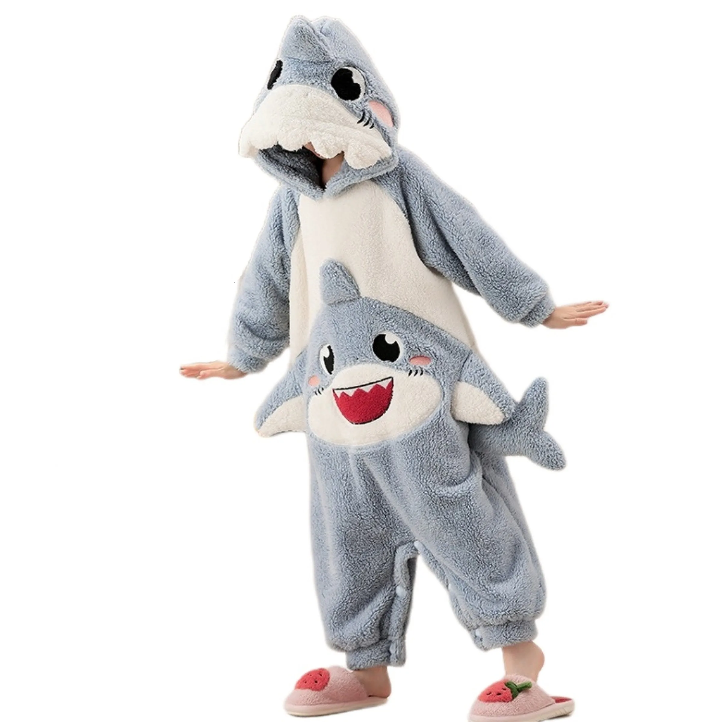 Unisex Kids Shark Animal Costume Cute Hooded One Piece Plush Pajamas Jumpsuit for Christmas Winter Sleepwear