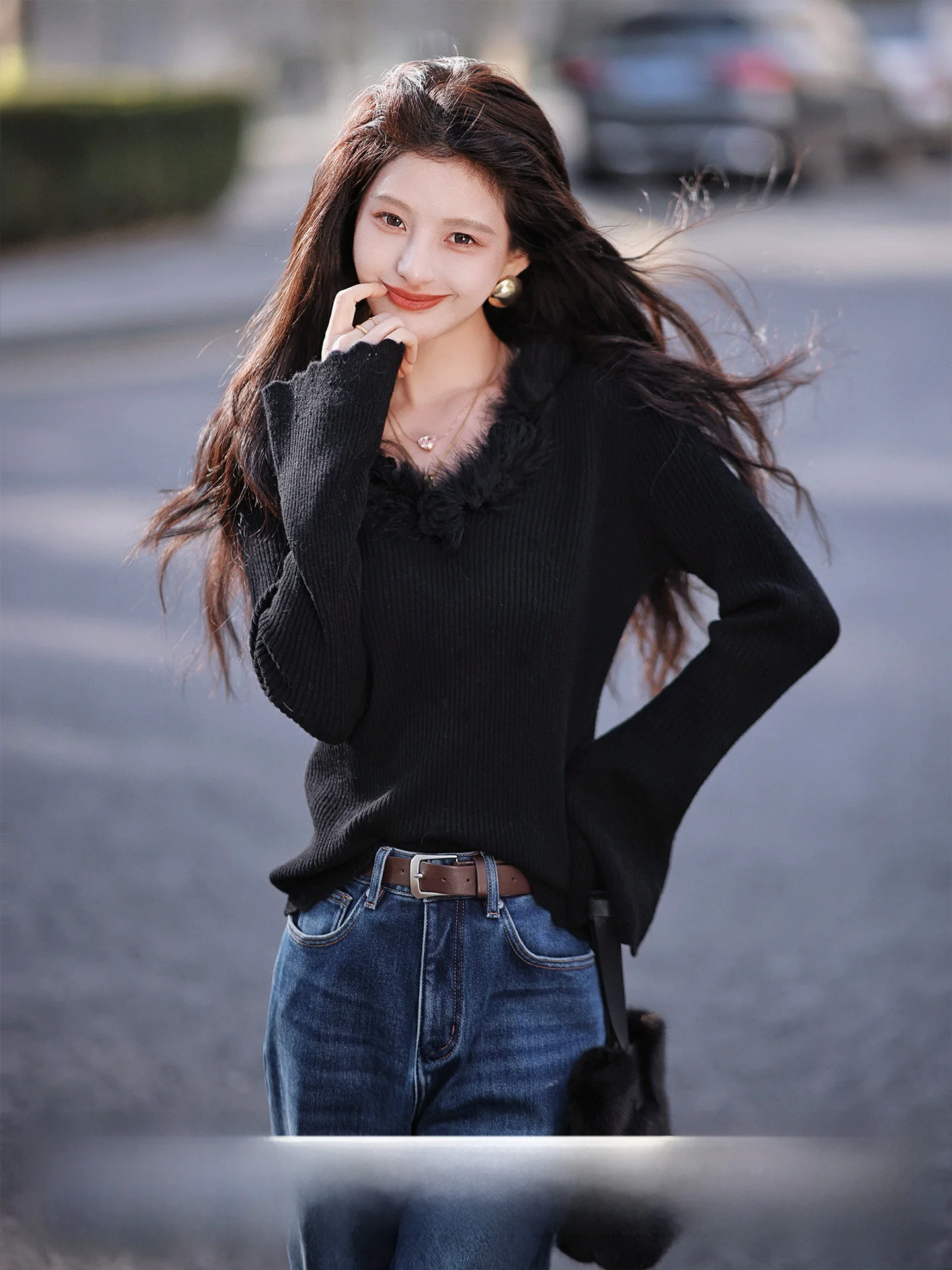 

Вязаный свитер ручной работы из 100% шерсти с 3D-дизайном, утягивающий, с длинными рукавами, для женщин