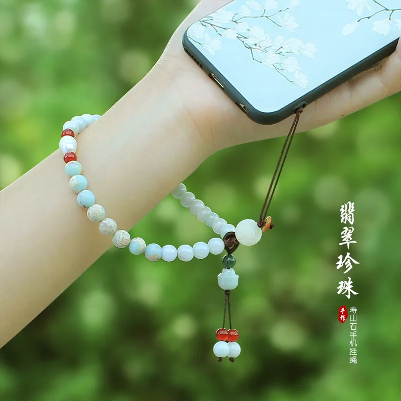 DIY accessories Chinese style jadeite pearl lotus mobile phone chain lanyard pendant men's and women's short personalized wrist