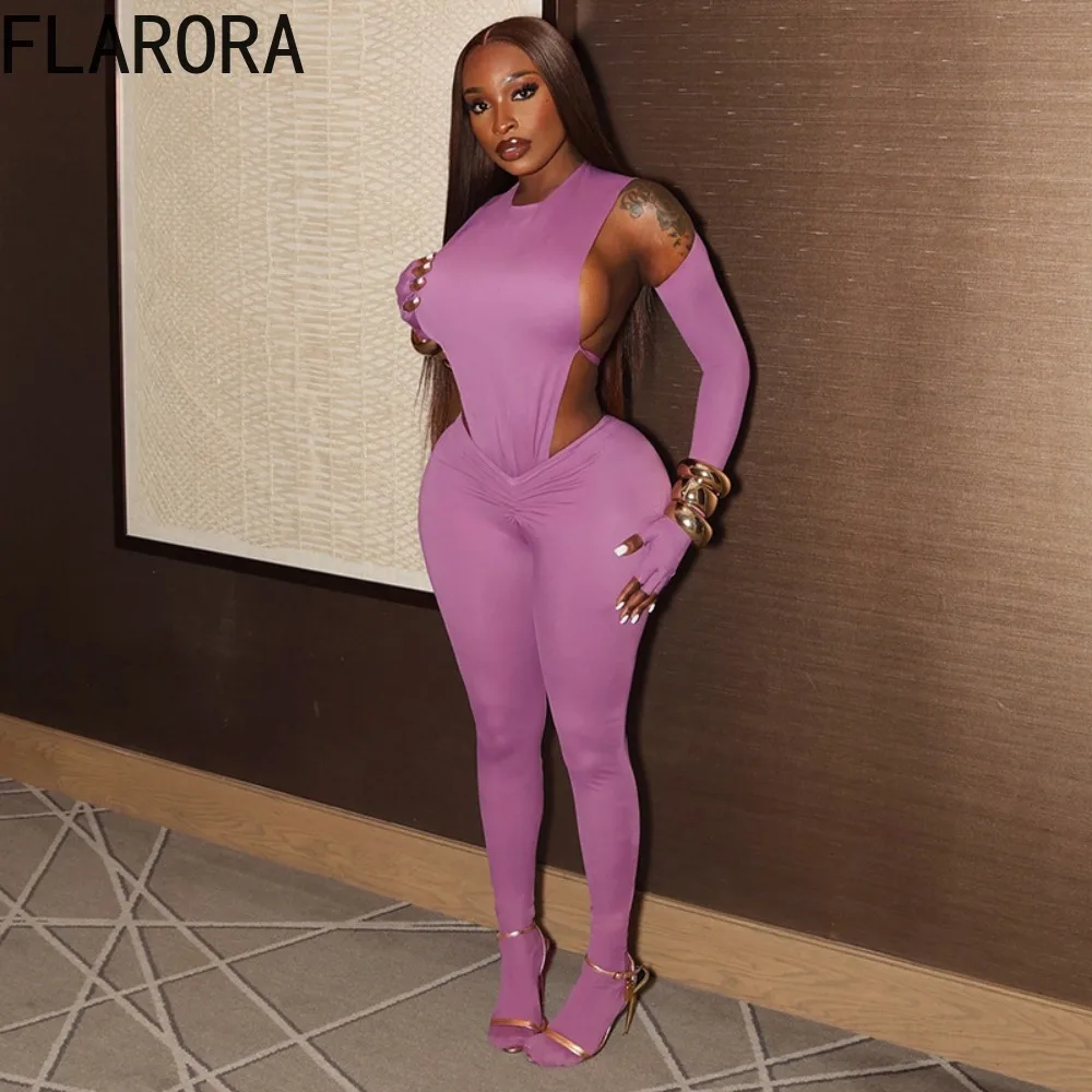 

FLARORA Sexy Hollow Out Backless 2 Piece Set Woman Round Neck Sleeveless Fold Bodysuits And Skinny Pants Outfits Party Clubwear