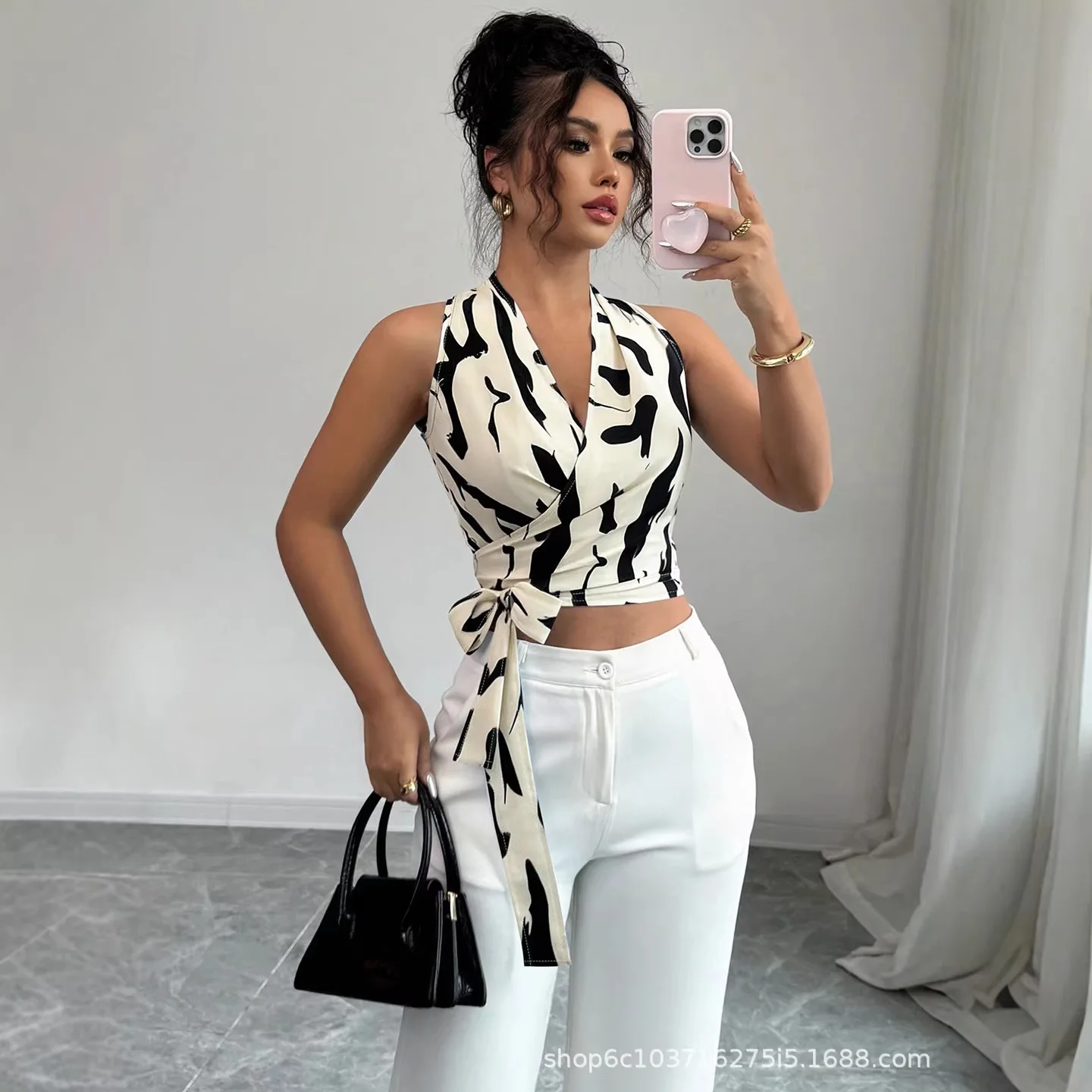 2026 Vestido Feminino Estampado com Decote Halter e Decote em V, Amarração nas Costas, Estilo Wrap, Elegante Y2k, Renda, Elegante para Praia