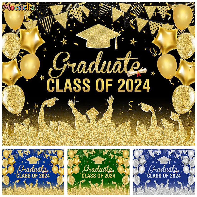 Mocsicka Graduation Party Photography Background Class Of 2024 New Year Party Decor Balloon Bachelor Hat Photo Banner Studio