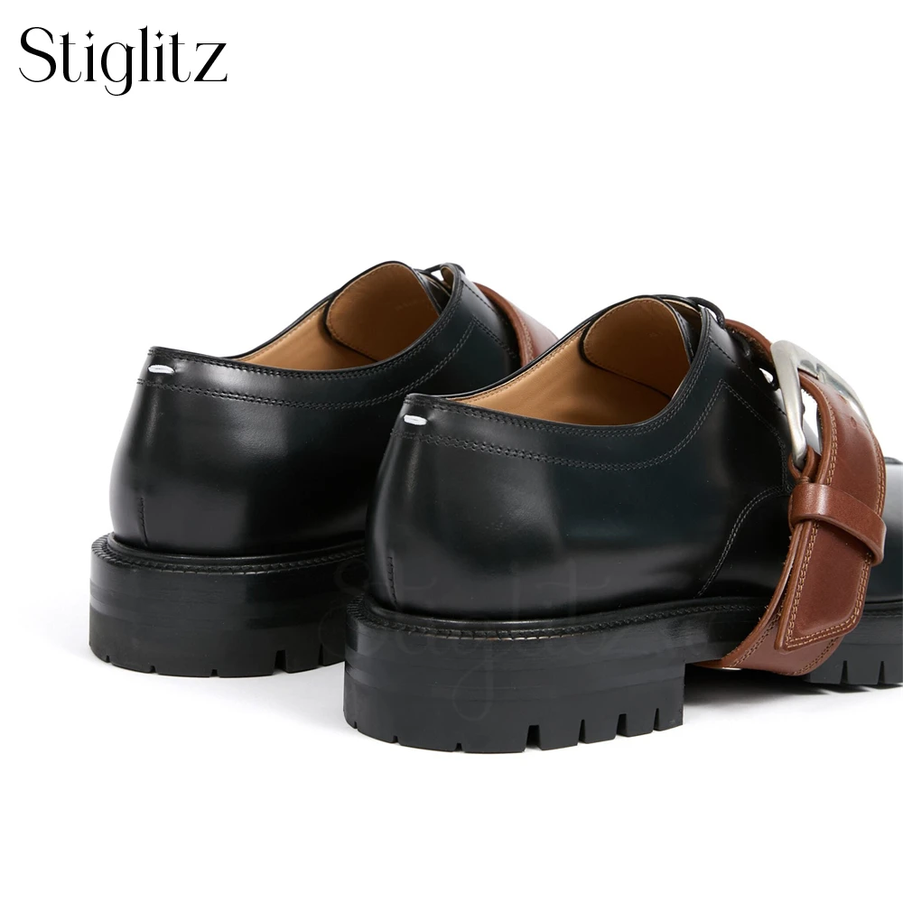 Brown Belt Buckle Tabi Loafers Black Leather Split Square Toe Loafers for Men Punk Style Handmade Lace up Genuine Leather Shoes