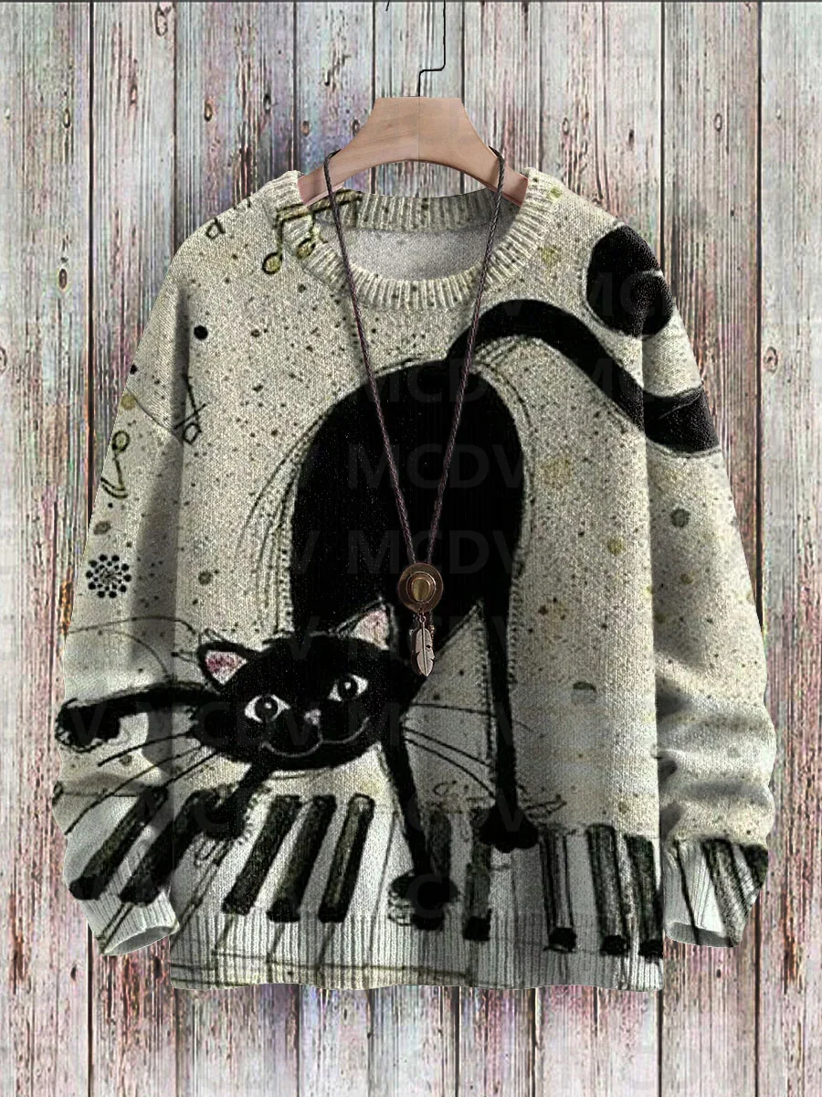 Cute Black Cat Play The Piano Art Pattern Print Casual Knit Pullover Sweater