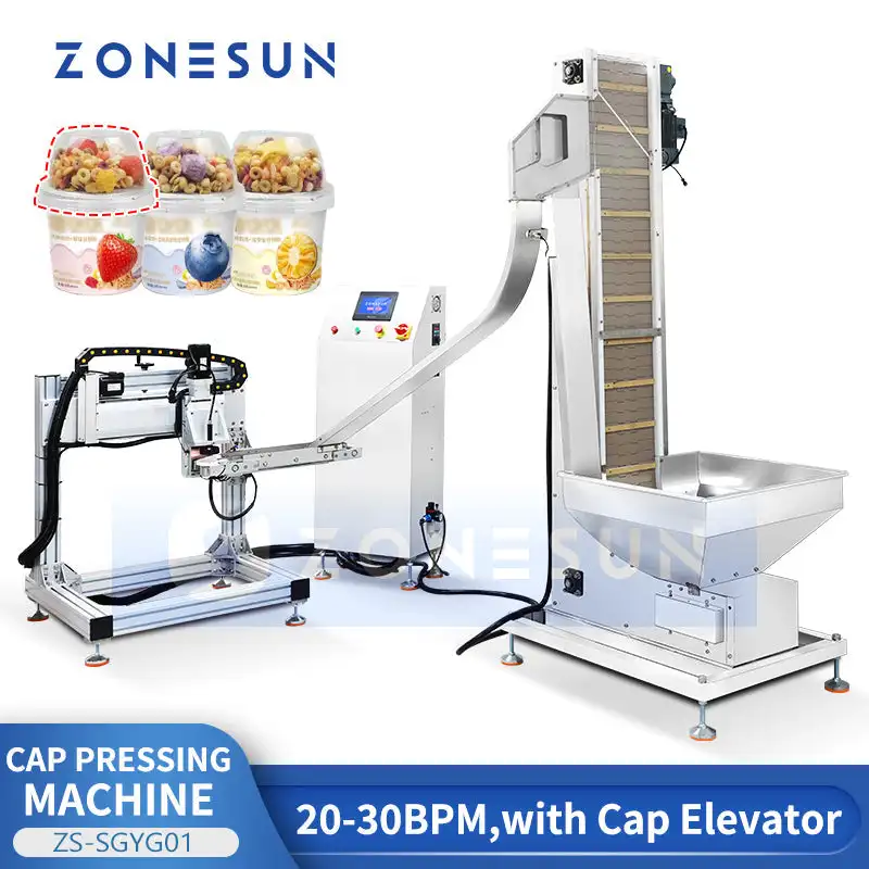 ZONESUN ZS-SGYG01 Automatic Cup Lid Pressing Machine with Cap Elevator Yogurt Ice Cream Plastic Tub Container Capping Equipment
