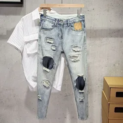 Fashion Luxury Washed Hip Hop Vintage Clothing Korean-style Men's Jeans Distressed Designer Holes Slim Casual Pants for Summer