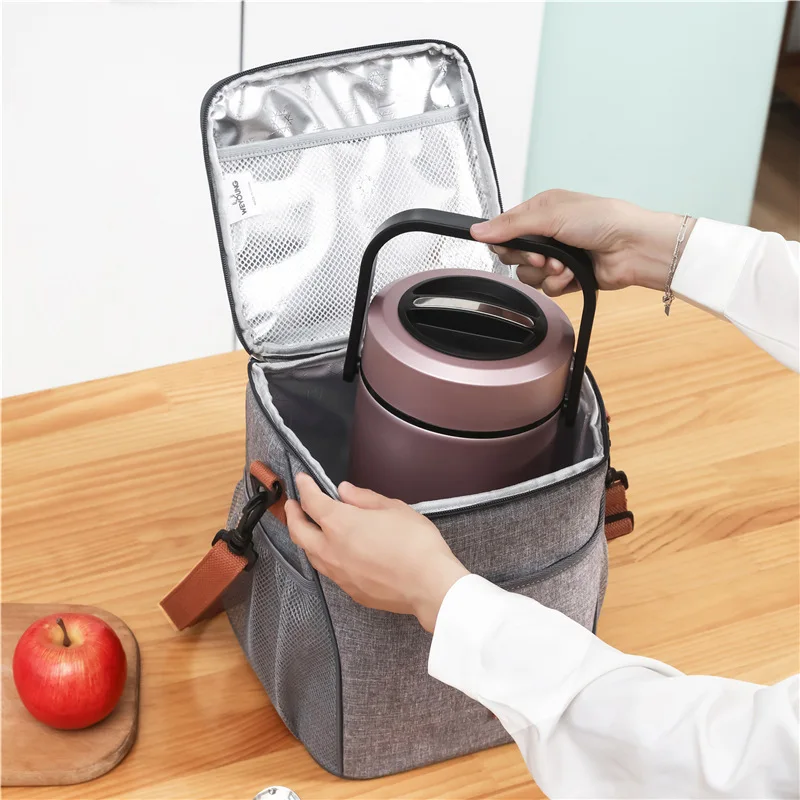 Thermal Lunch Bag with Shoulder Strap Leak-proof Portable Large Bento Cooler Picnic Travel Food Insulated Tote Bag Ice Pack