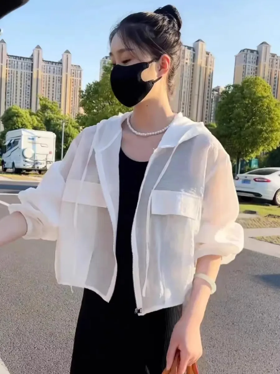 Women's Loose Breathable UV Protection Hat Jacket Transparent Chic Casual Long Sleeve Zipper Closure  Color Daily Wear