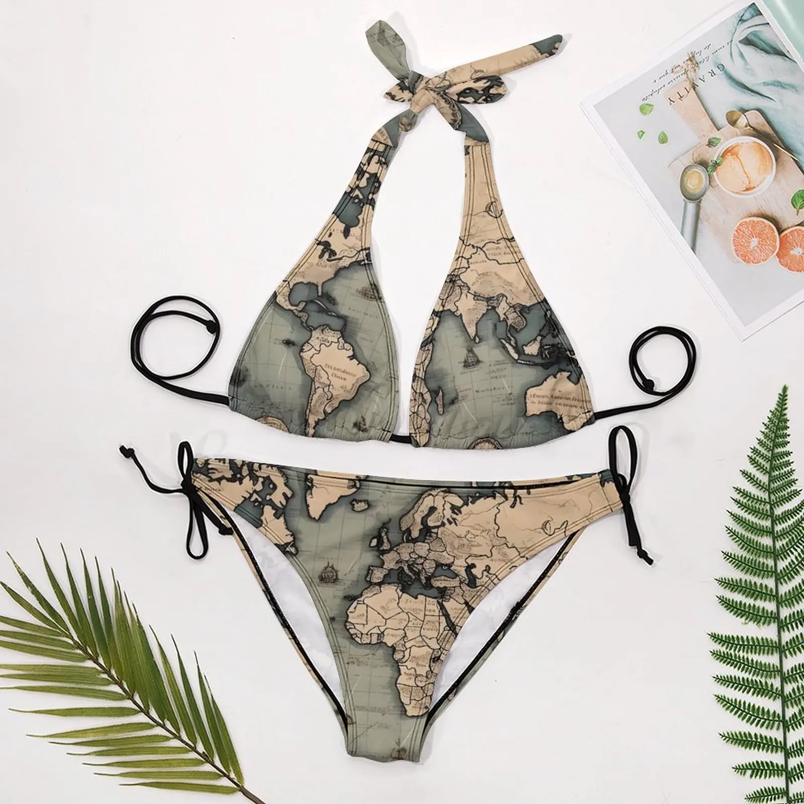 Mapa do Mundo Vintage Conjunto de Biquíni, Sexy, Mapa Histórico, Maiô, Swimwear Padrão Esporte, Fato De Banho Estético De Cordas