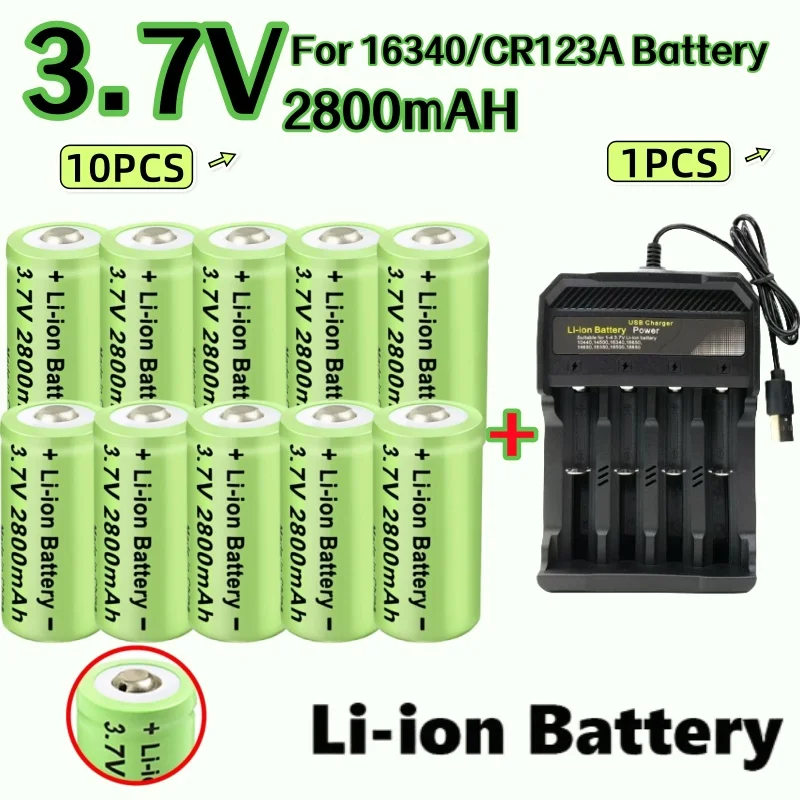 

10PCS 2800mAh Rechargeable 3.7V Li-ion 16340 Batteries CR123A Battery for LED Flashlight Travel USB Charger 16340 CR123A Battery