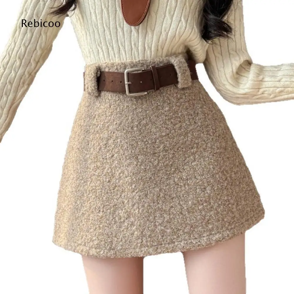 Wool Blend A Line Mini Skirt For Women High Waist Thick Short Bottoms With Decor Belt For Simple Autumn Winter Daily Matching