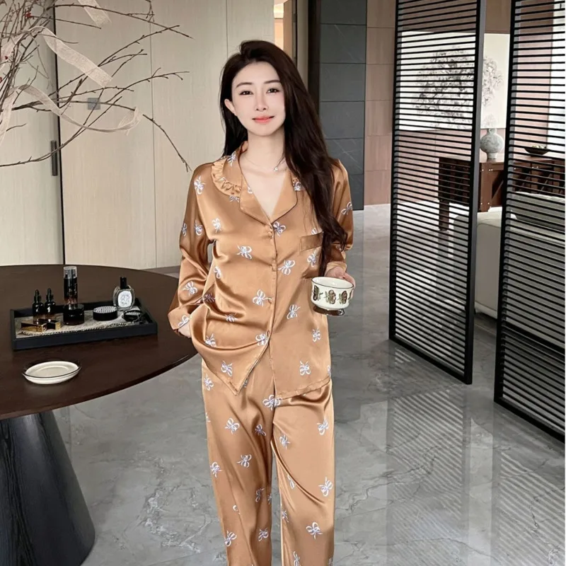 2025 Spring Autumn Fashion Melard Bowknot Sweet Long Sleeve Pants Ice Silk Women Two Piece Set Pajamas Nightgown Loungewear