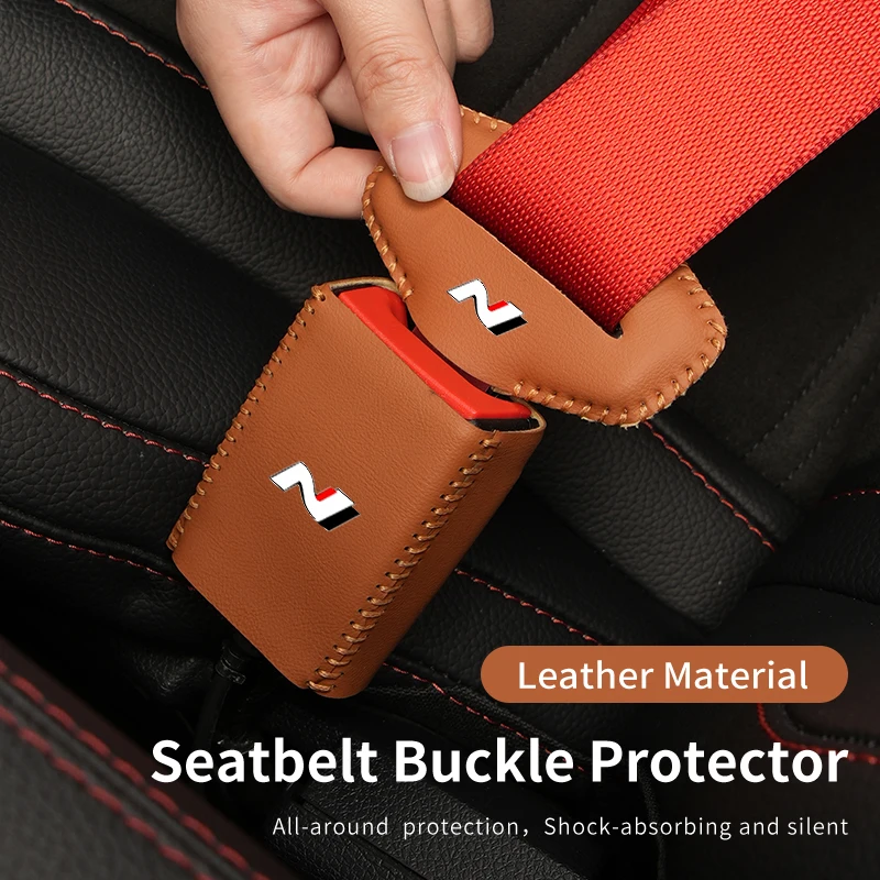 Leather Car Logo Seat Belt Buckle Protector Cover Only For Front Seat Belt For Hyundai I30 I20 IX35 I40 Tucson Veloster - view 3