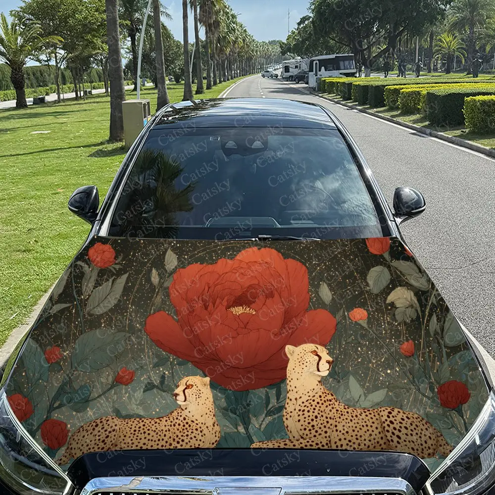 Romantic Cheetah & Rose Art Car Cover Sticker, Auto Hood Decal, Car Exterior Scratch Resistant Decal, Trendy Gift for Car Lovers