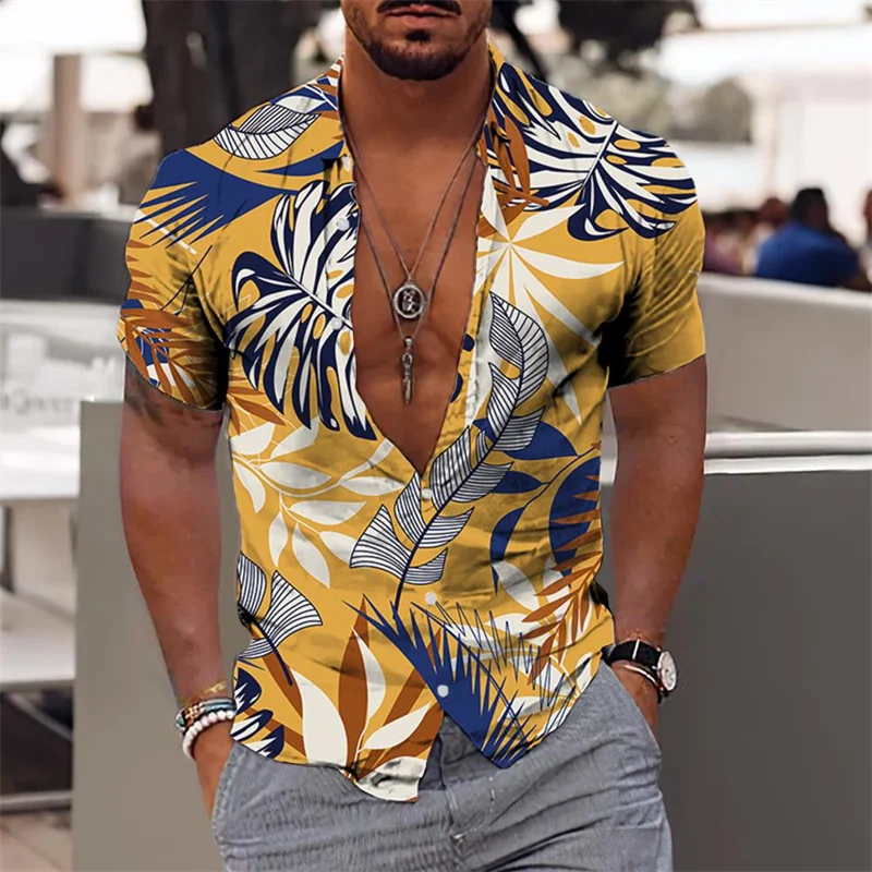 Men\'s Hawaiian Shirts Floral Leaves Elegant Flower Pattern High Quality Society Social Casual Vacation Fashion Luxury Clothing