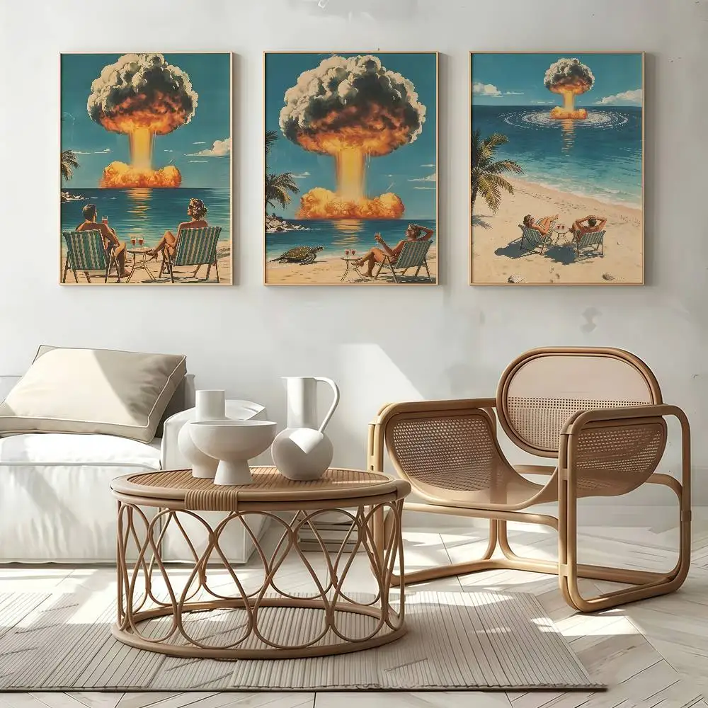 The Explosion Of Atomic Mushroom Cloud Over Ocean Poster Stickers Art Print Retro Vintage Wall Decor HD LivingRoom Gift Occasion