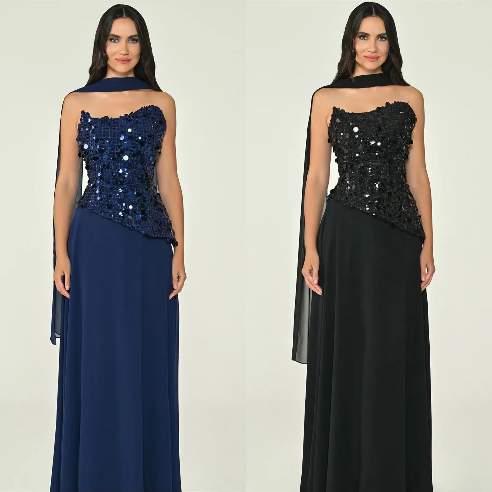 

Customized Intricate Chiffon Pleat Sequined Pattern A-line Strapless Long Dresses Bespoke Occasion Homecoming Matching