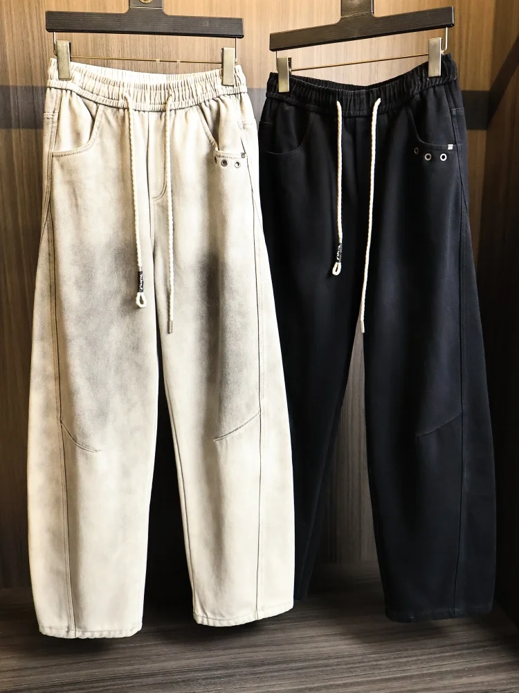 

Retro American Distred Tie Dye Men's Fce Lined Straight Leg Jeans Casual Pants Comfortable Breathable Straight Tube Denim