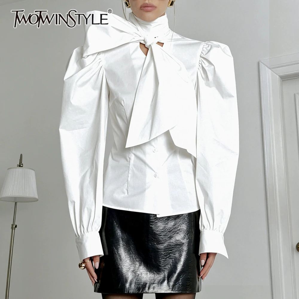 TWOTWINSTYLE Luxury Lace Up Women Shirts Stand Collar Long Sleeve Loose Elegant Shirt for Street Social Office Summer Fashion