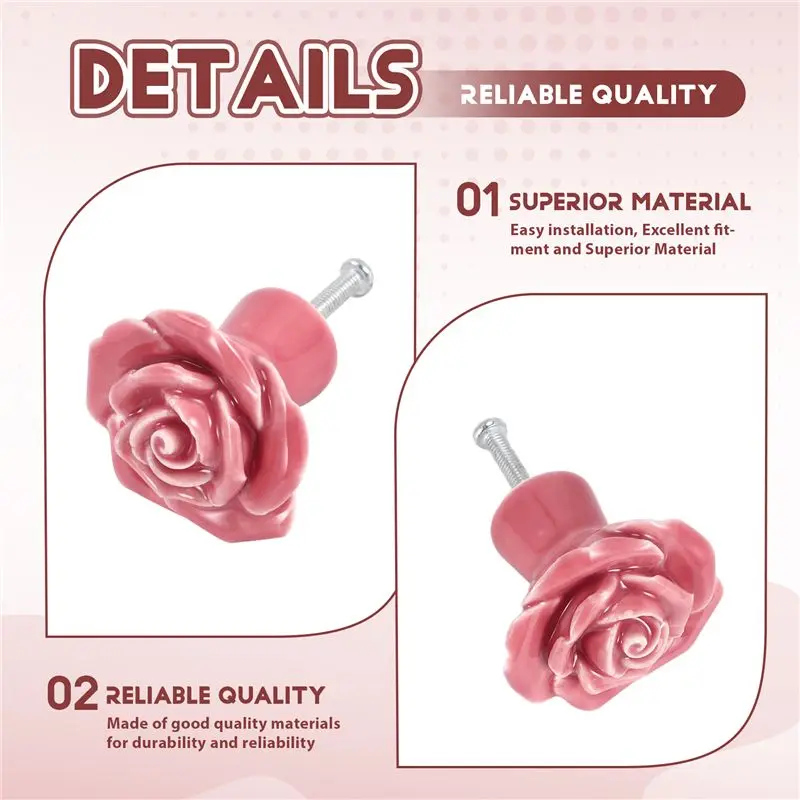 [NEWA08R】 10 Pcs Vintage Floral Rose Flower Door Knobs Handle Drawer Kitchen + Screws (Pink)