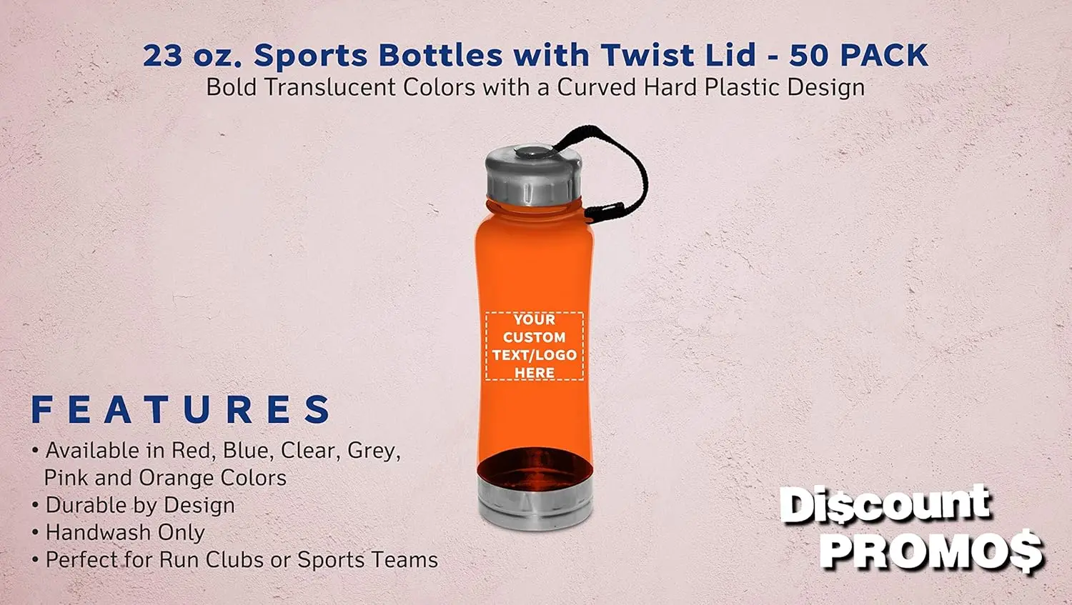 PROMOS 50 Sports Bottles with Twist Lid Set, 23 oz. - Customizable Text, Logo - Metallic Base, BPA Free - Orange