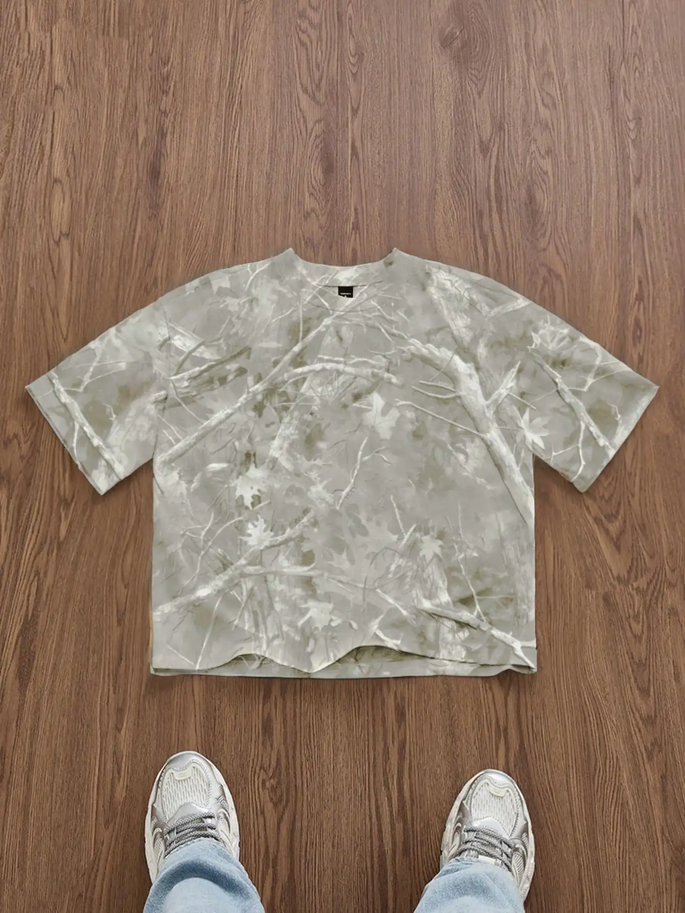 

Men's Oversized Short Sleeve Tee with Abstract Branch Print, Vintage Washed Grey