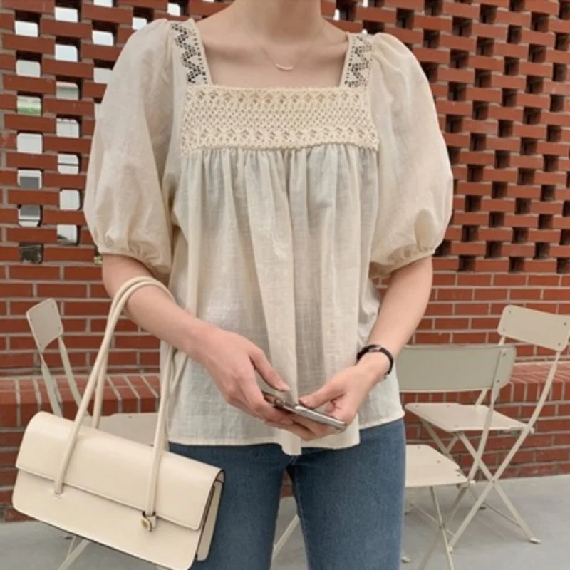 Summer Puff Sleeve Women Blouse Fashion Lace Vintage Elegant Tops Short Sleeve Loose Shirts