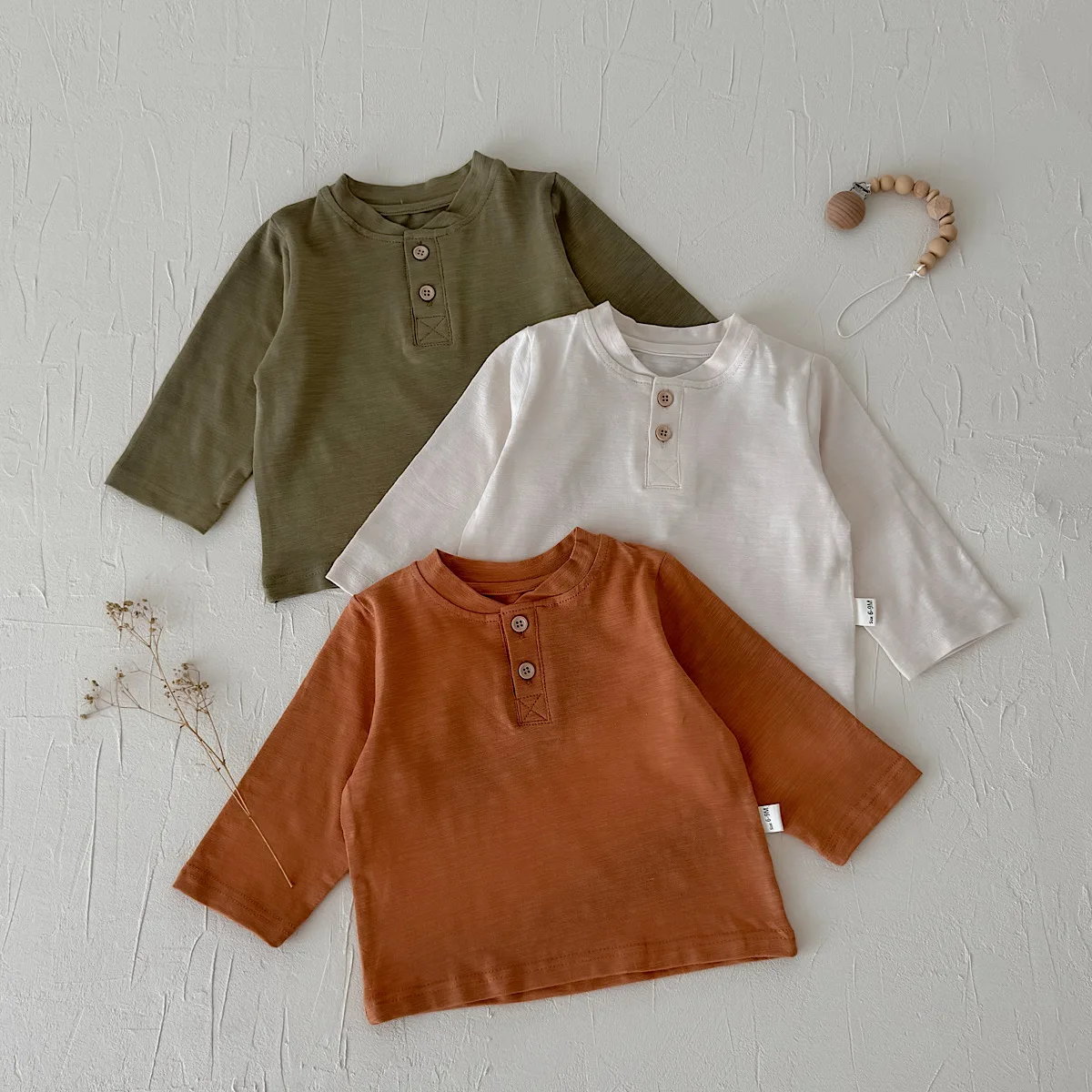 Baby Long Sleeve T-shirt 3Pcs Set Unisex Toddler Bamboo Cotton Henley Tops Solid Color Button Front Tees Boys Girls Casual Basic
