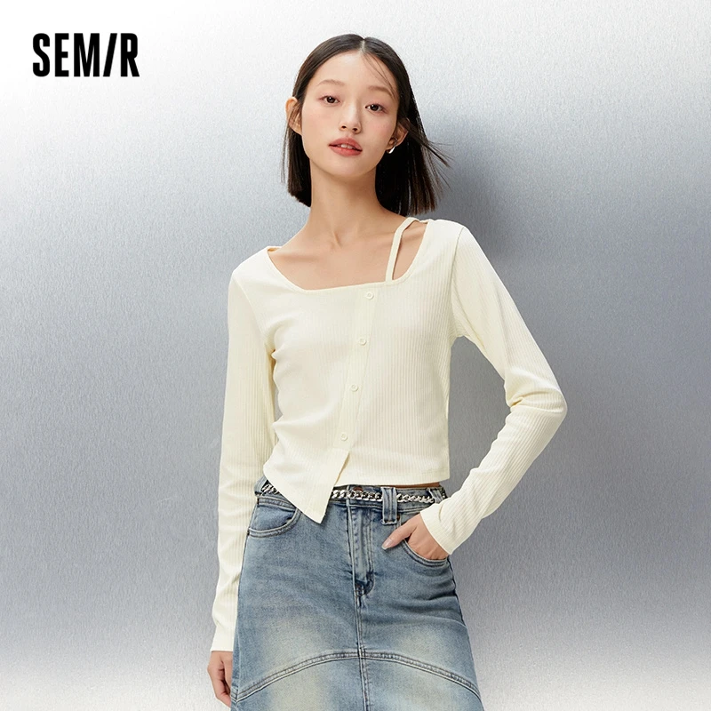 Semir แขนยาวผู้หญิงสั้นคอแฟชั่น2023ฤดูใบไม้ผลิใหม่ไม่สม่ำเสมอ Slim Atasan Rajut สำหรับผู้หญิง