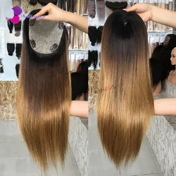 Ombre Honey Blonde Human Hair Wig Topper Hair Size 13x15cm Hair Toppers for Women With Thinning Hair Silk Base Black Human Hair