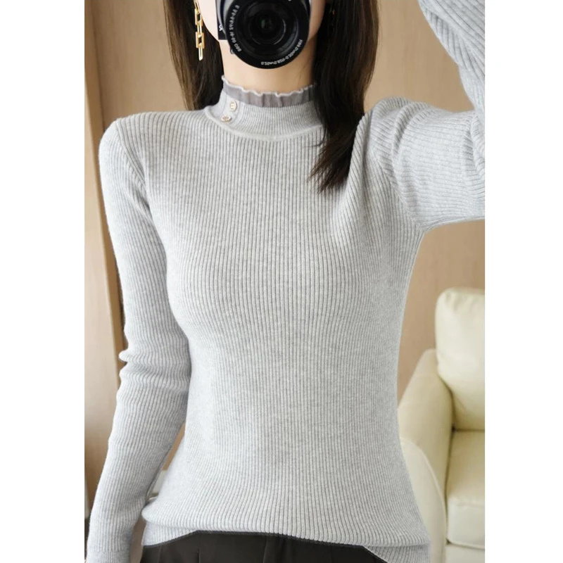 Women's Clothing Autumn Winter Korean Fashion Half High Collar Basic Knitwear Long Sleeve Slim Pullover Tops Elegant Chic Jumper