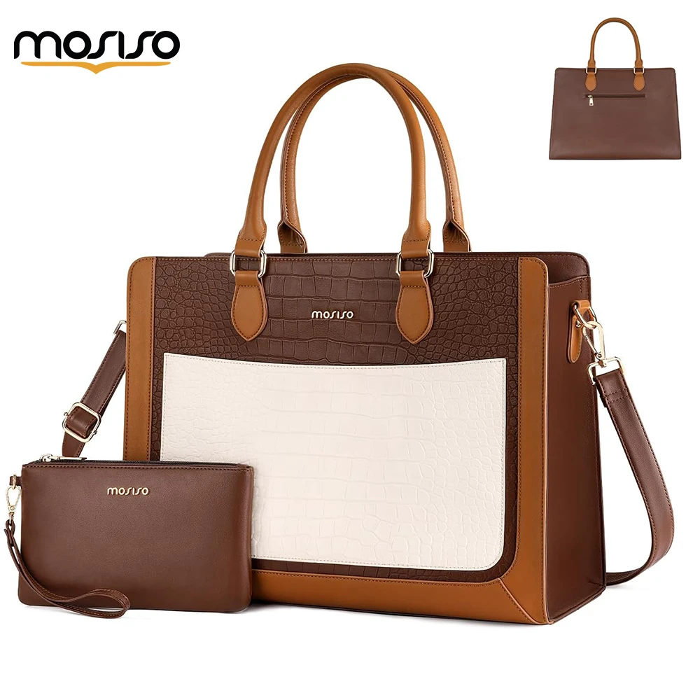 MOSISO Laptop Tote Bag for Women 15.6 inch PU Leather Large Capacity Handbag & Clutch Purse Crocodile Grain Waterproof Briefcase