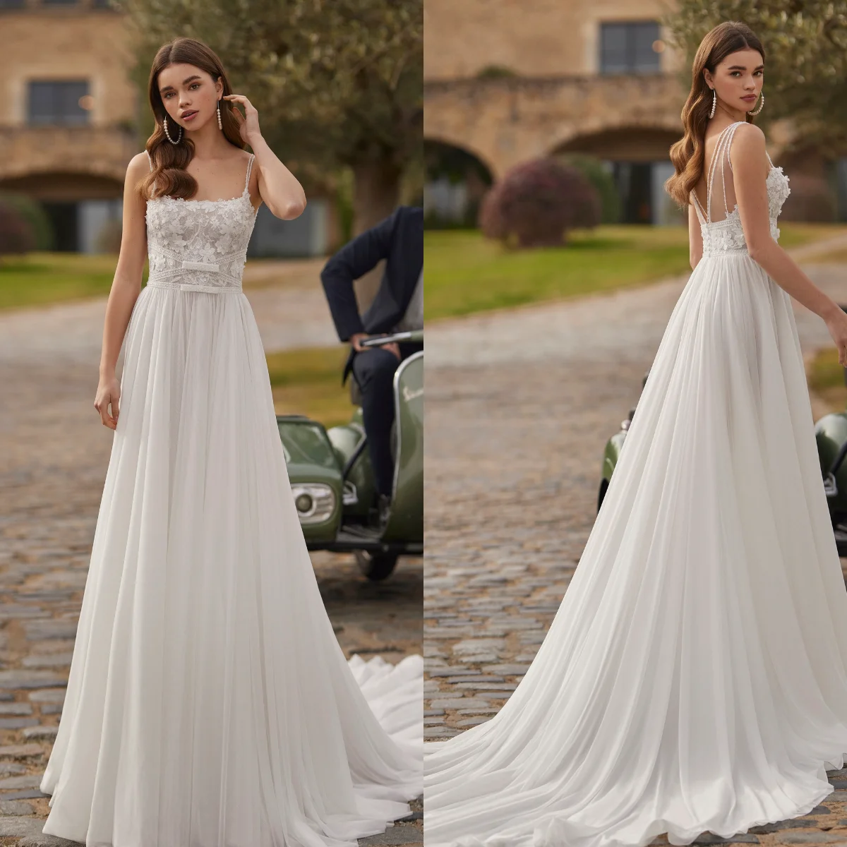 Suknia ślubna w stylu vintage, kolor kość słoniowa, bez rękawów, koronkowa, na ramiączkach spaghetti, szyfonowa, suknia ślubna, robe de mariée, szyta na miarę