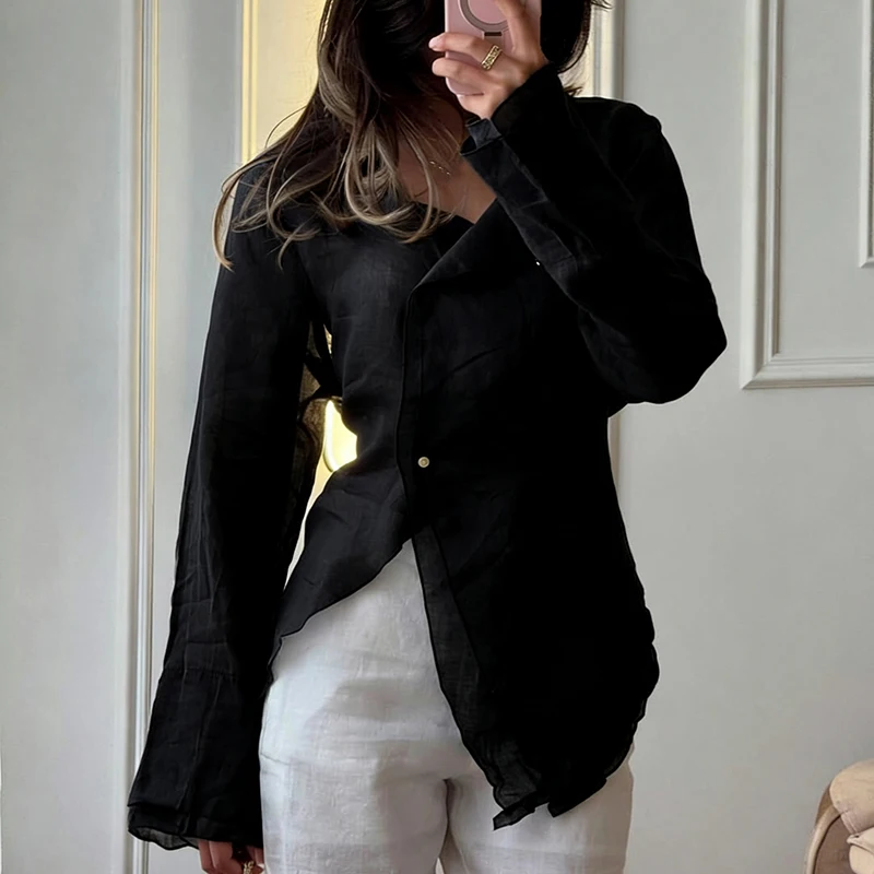 Blusas elegantes con cordones para oficina, ropa de calle informal de Color sólido, camisetas para mujer, camiseta Irregular de manga larga con cuello en V a la moda