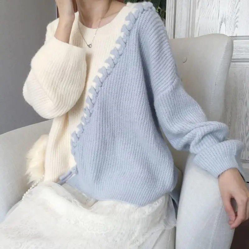 Women Autumn Simplicity Loose Fashion Patchwork O-neck Long Sleeve Knitwear Women Clothes Office Lady All-match Knitting Tops