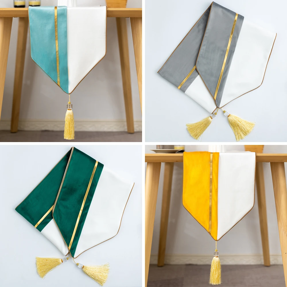 Velvet Table Runner Modern Luxury Golden Stripe Two-color Splicing Table Runner Dining Table Coffee Table Decor Gray Yellow