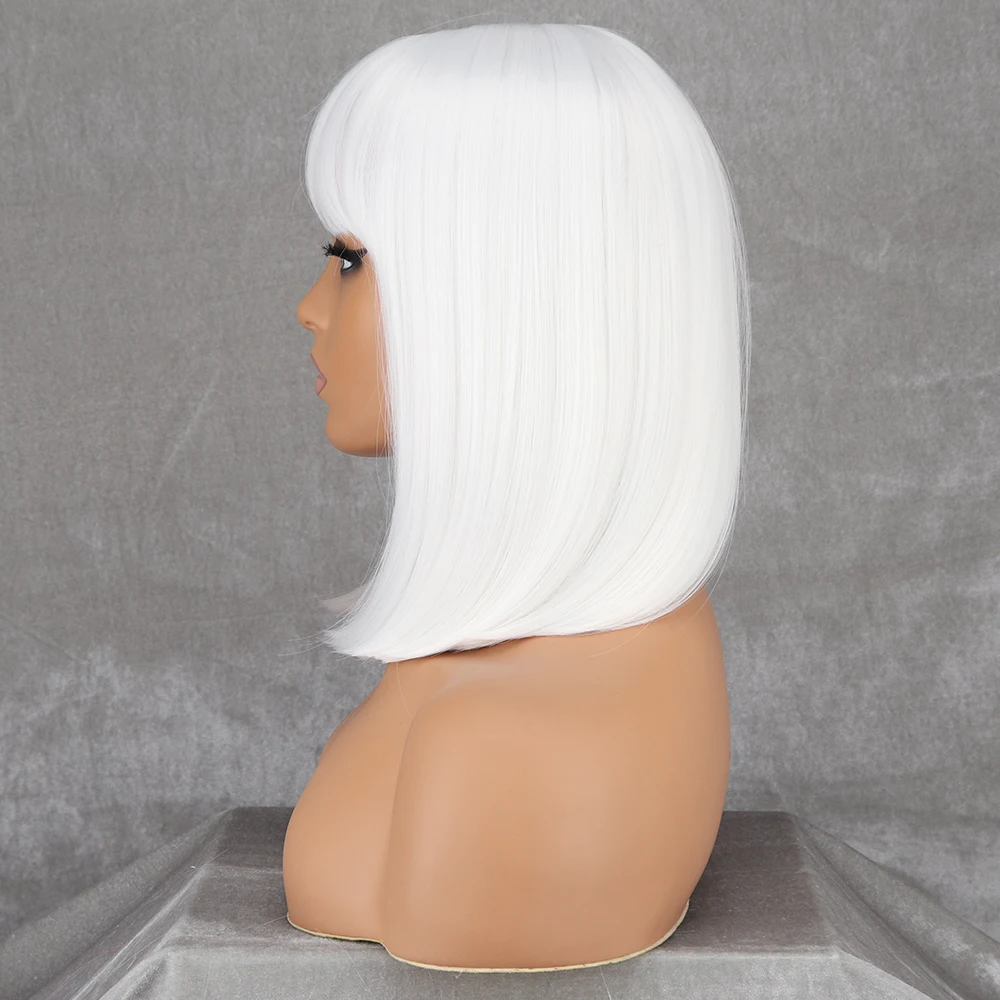 Synthetic Short White Straight Bob Wigs With Bang Natural  Hair For Women Cosplay