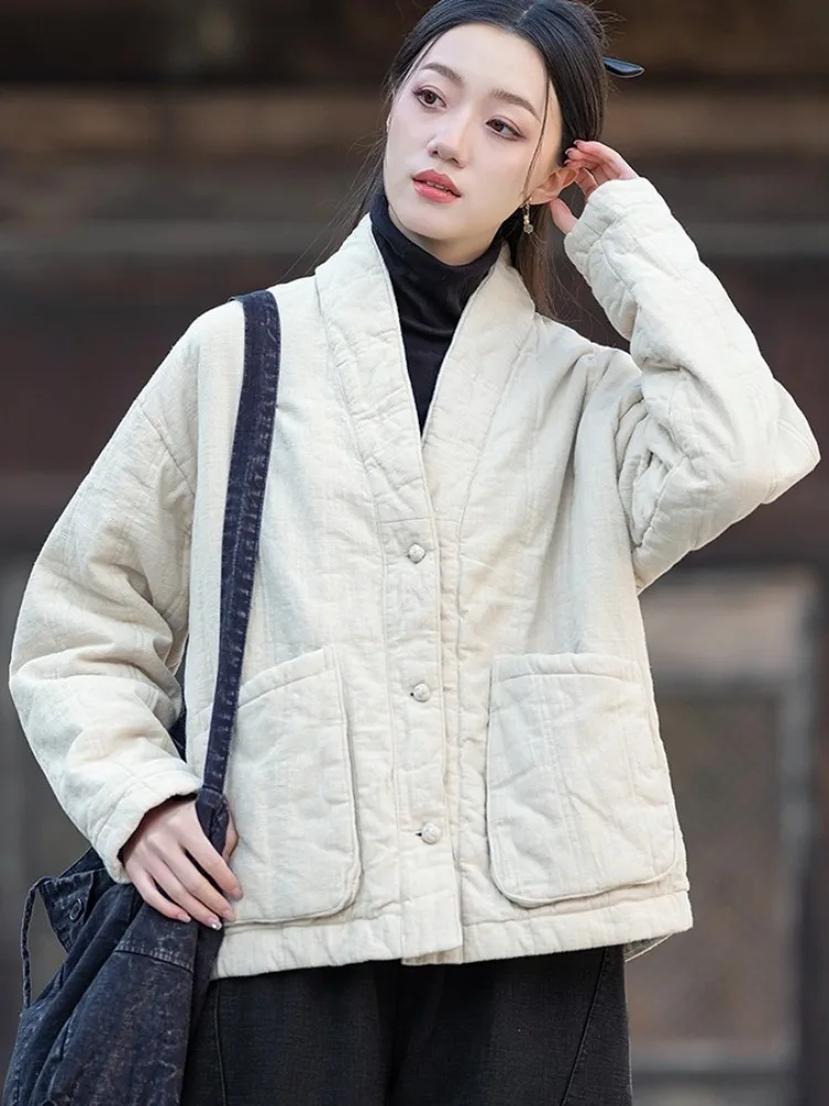 New Chinese Style Zen Cotton Linen Jacket Women's Winter Unique Beautiful National Style Cotton Warm V-neck Cotton Coat