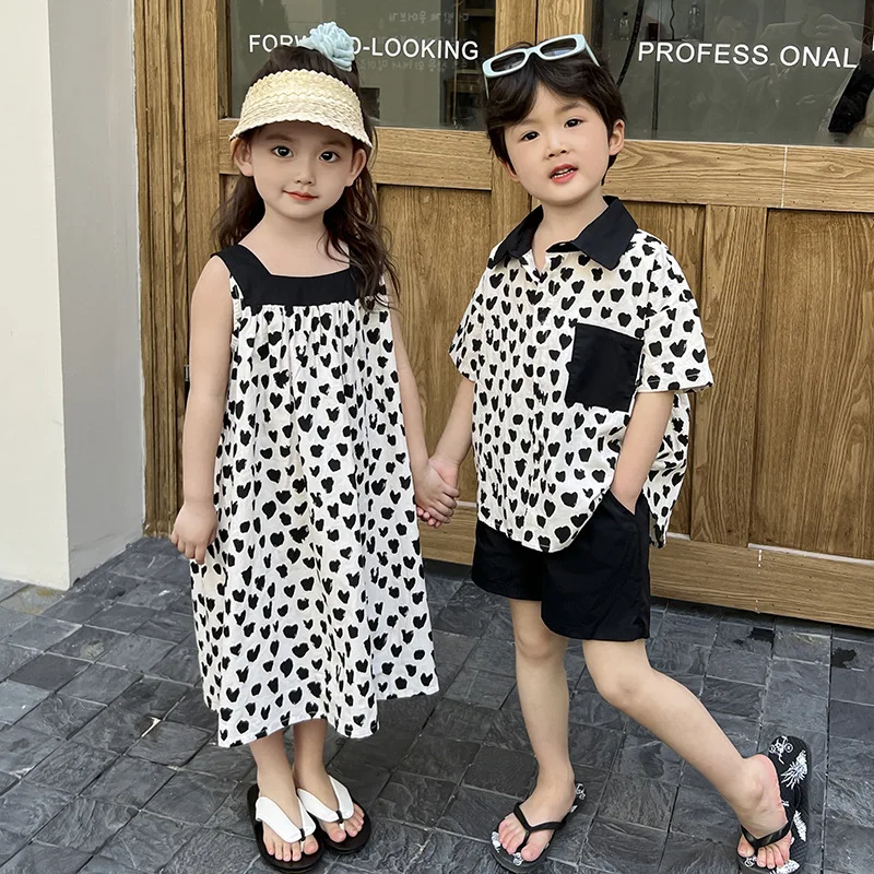 Brother Sister Look Summer Love Printed Kids Baby Girls Sleeveless Dress Loose Polo Shirts+black Shorts Children Siblings Attire