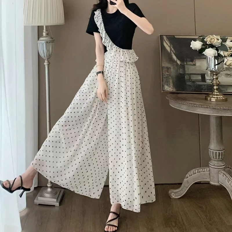 

Polka Dot Wide-leg Pants Suit Women's Clothing Irregular Ruffle Edge Short-sleeved High-waisted Chiffon Nine-point Pants
