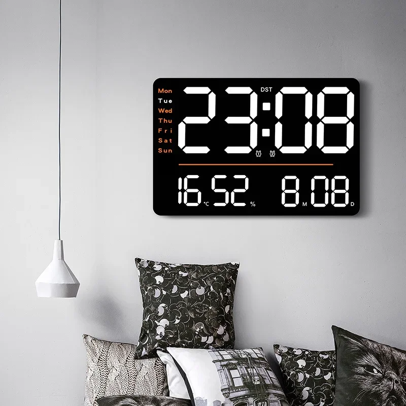 Creative cross-mirror multi-function large wall clock simple LED living room  large size  temperature and humidity timer clock