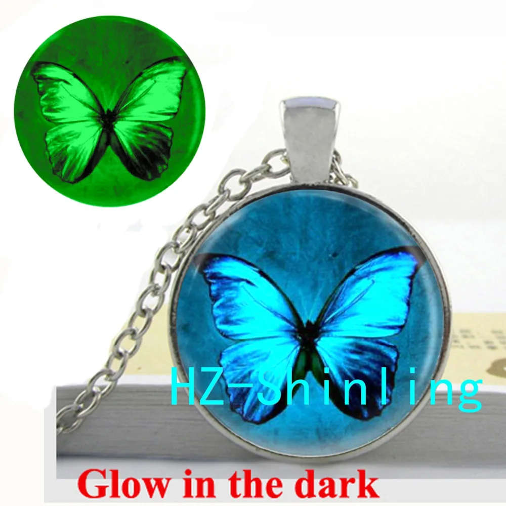 Glow in The Dark Blue Butterfly Pendant Necklace Blue Butterfly Jewelry Insect Glowing Necklace Pendant