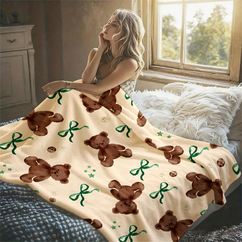 Watercolor Bear Bows Flannel Blanket Perfect for Sofa Office Bed Travel Sleep Read Relax Camping Four Season Use