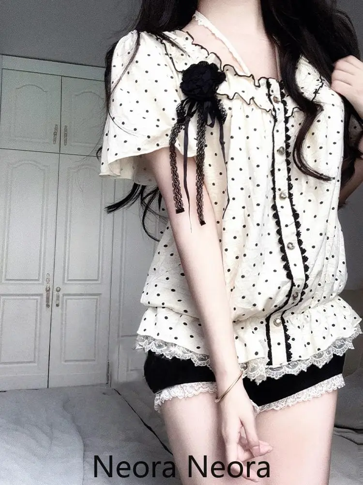 

2025 Summer New Loose Polka Dot 2-piece Set Design Sweet Retro Short Sleeve Lace Tops Vintage New Kawaii Short Pants Suit Women