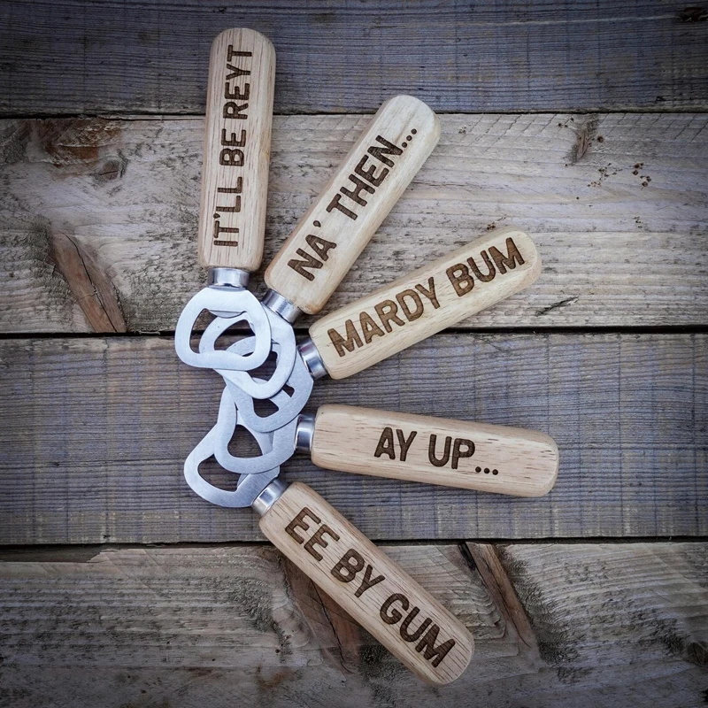 

5-piece Set Yorkshire Sayings Laser Engraved Wooden Stainless Steel Bottle Openers Ideal for Beer Lovers Gift for Friends Lovers