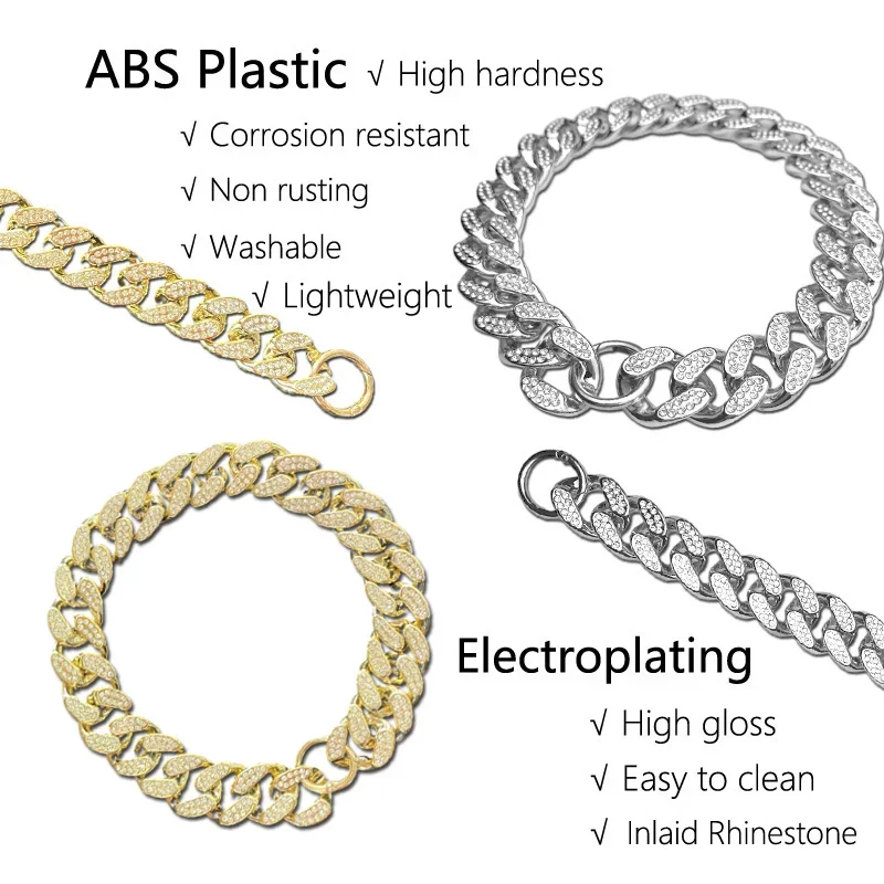 For Plastic Dog Collar Chain Diamond Inlay Sparkle Bulldog Necklace Cat Collars Pet Accessories Small Medium Large Dog Golden