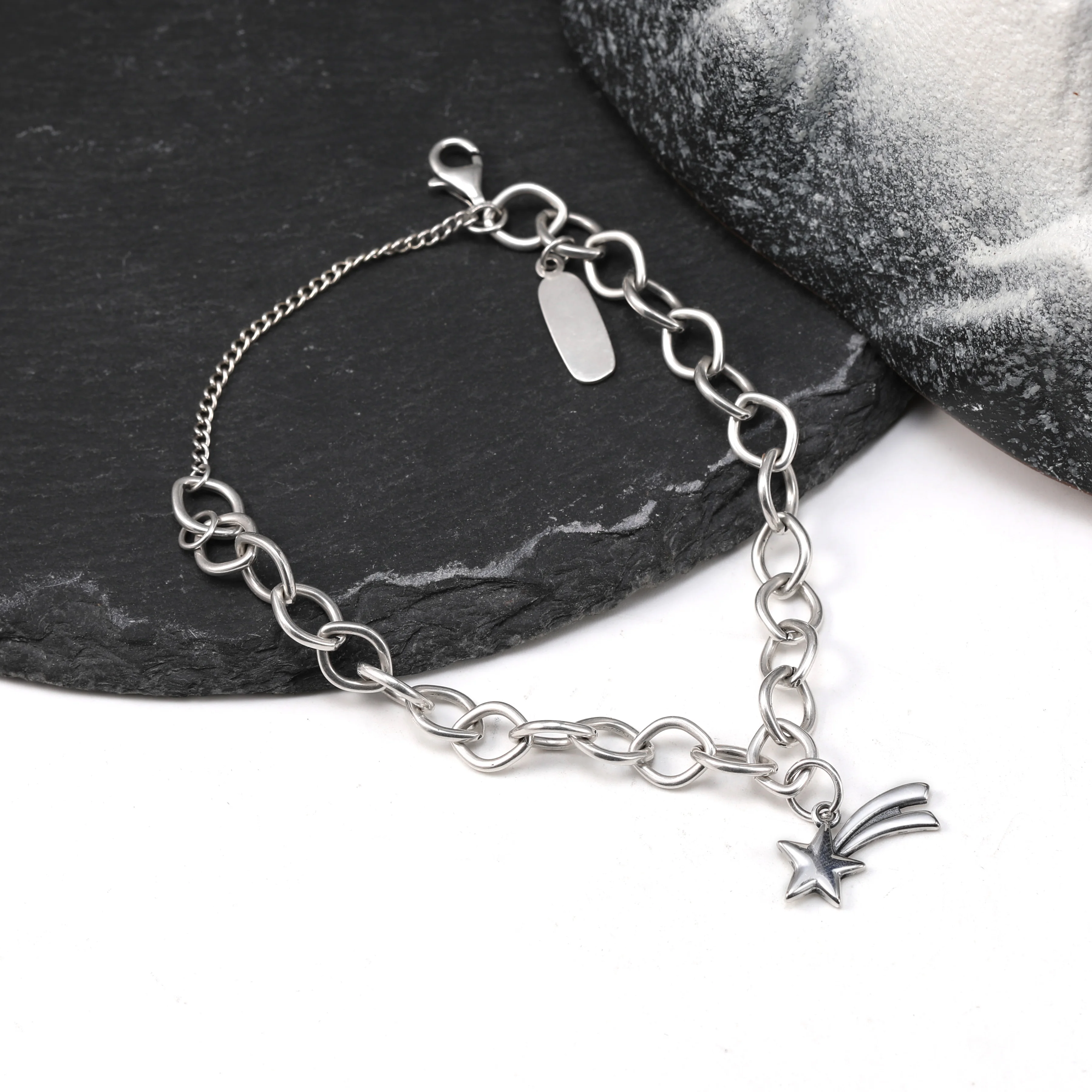 

Genuine 925 sterling silver Forged Link Charm Bracelet paired with a meteor pendant