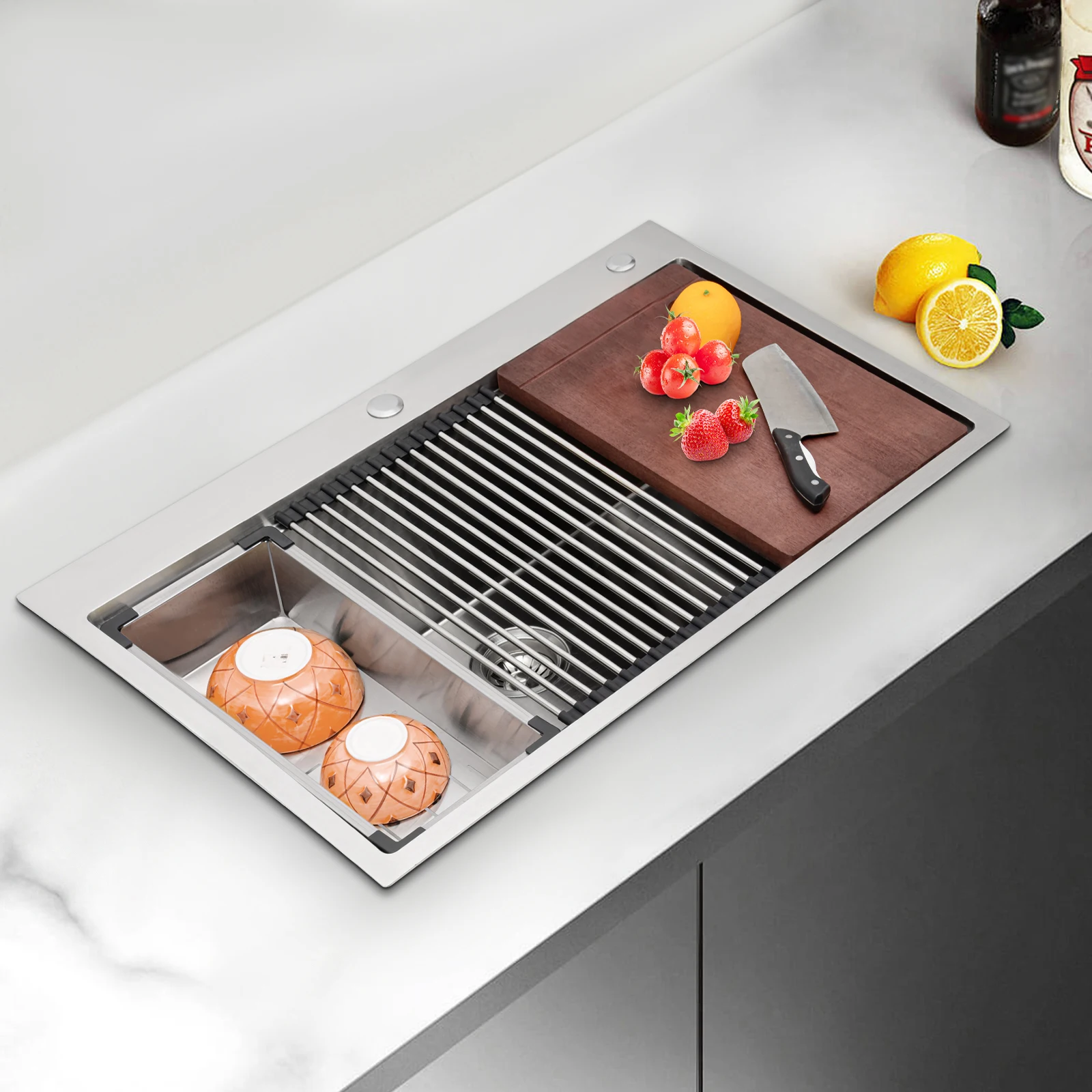 33 Inch Kitchen Sink w/ Cutting Board Colander & Rack  9" Deep Anti-Splash Noise Reduction Drop-In Sink EU/US Fit